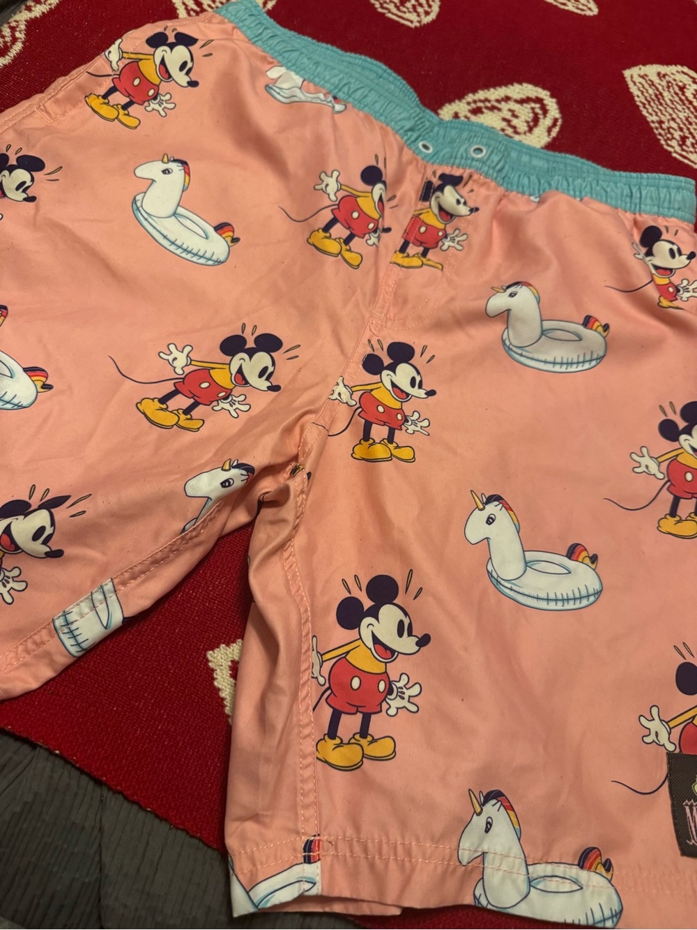 Neff Pink Mickey Mouse Swim Shorts with Teal Waistband